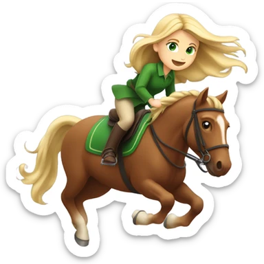 Girl with long blonde hair and green eyes on brown borse which is jumping  sticker