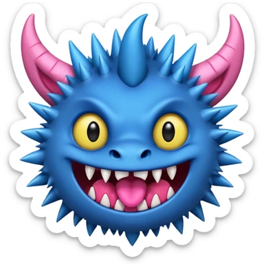 A blue monster with two small black horns, spiky fur, large round yellow eyes, a wide grin showing sharp teeth, and its tongue playfully sticking out to the side. sticker