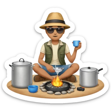 A man camper boiling water on a portable stove, enjoying the outdoor breeze sitting on the ground
 sticker