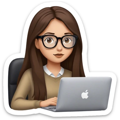 ragazza con capelli castani lunghi, occhiali neri, carnagione chiara, occhi castani, che naviga su Internet con il pc sticker