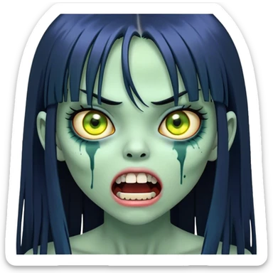 garota zumbi com Pele esverdeada ou azulada. Olhos grandes e amarelados. Cabelo preto, liso e longo, com franja reta. com a boca aberta mostrando dentes escuros. Aparência semelhante a figuras de terror, como fantasmas ou espíritos japoneses. sticker