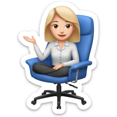 Woman having cartoon faced aligned in a chair in relaxing posture in an office chair and smiling sticker