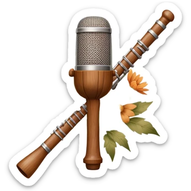 Create a traditional and warm emoji representing folk singing, using a humanless collage. The design should feature a rustic wooden microphone or an old-fashioned folk instrument like a balalaika, gusli, or a domra, placed alongside traditional elements such as a hand-woven scarf or a wooden flute. Include natural, earthy details like wildflowers, musical notes, and rustic textures, evoking the feeling of folk music in its purest form. Use warm, earthy colors like brown, gold, red, and green to create a cozy and organic vibe. The background should be transparent. sticker