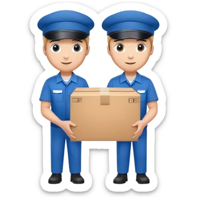 two workers in blue uniforms and caps holding a large box together sticker