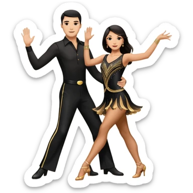 Photorealistic dancesport professional latin couple dancing the samba at the competition dancefloor, the women is in skinny short sparkly dress, the man is in black shirt and black classic pants, the women has brown long hair, the man has short black hair, the man hold woman's hand  sticker