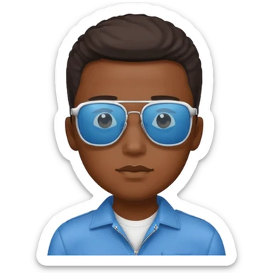 Un garçon noir avec des lunettes de soleil un peu bleu avec un cadran plutôt carré et SANS QU’ON VOIT SES YEUX. Et au dessus de sa tête il y a écrit BOUSS sticker