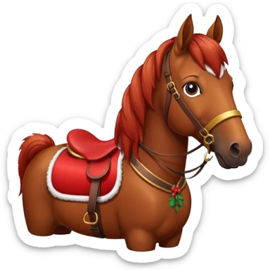 a christmas brown horse with a red saddle sticker