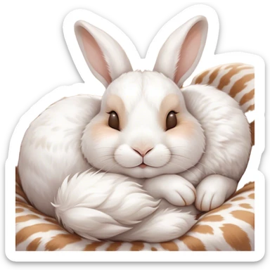 Meme-Worthy Cute Sleeping White and Brown Rabbit Portrait Emoji, Head resting peacefully with a contented smile, showcasing a delightfully balanced build and a luxuriously soft patterned fur of white and brown, eyes shut in a serene nap, Simplified yet hilariously adorable features, highly detailed, glowing with a soft, drowsy light, high shine, relaxed and utterly lovable, stylized with an air of playful laziness, bright and heartwarming, soft glowing outline, capturing the essence of a comically sleepy bunny, so meme-worthy it feels like it could instantly become the next viral sensation of adorable slumber! sticker