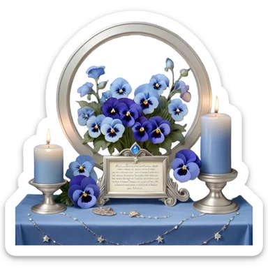 An enchanting night scene where deep blue and light blue pansies gently sway under the soft light of a silver crescent moon. A round, pearl-colored candle sits at the center of a sacred astrological altar, surrounded by silver-trimmed star charts and delicate planetary symbols glowing faintly in the twilight. Nearby, a beautifully crafted crystal sphere rests atop an ancient book of celestial wisdom, reflecting the constellations above. The sky is alive with swirling nebulae and zodiac glyphs, forming intricate cosmic patterns. A faint silver doorway, outlined by threads of lunar energy, shimmers in the background, hinting at hidden knowledge beyond the stars. sticker