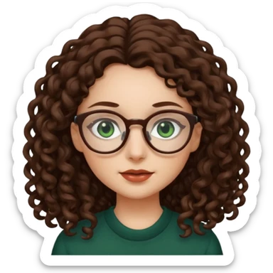 rapariga, olhos verdes escuros, cabelos compridos aos caracóis, com óculos sticker