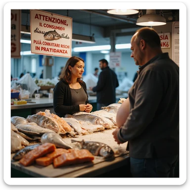 realistic pregnant woman in 4K talking with the fishmonger in front of the informational sign in a fish market with the text: “Attenzione, il consumo di salmone crudo può comportare rischi in gravidanza”. sticker