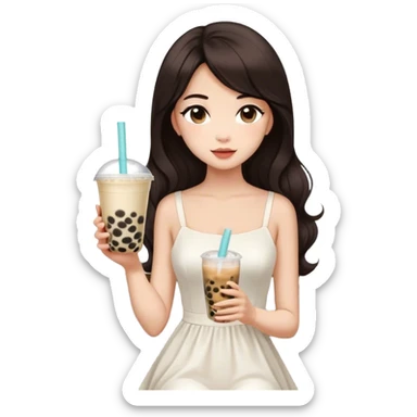 Beautiful woman in 1965’s woman fashion look, white dress, long dark brown hair, bubble tea sticker