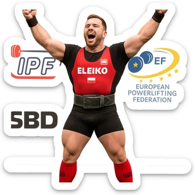 European powerlifter celebrating after lift, arms raised, competition clothing, stage with federation logos, isolated on white background sticker