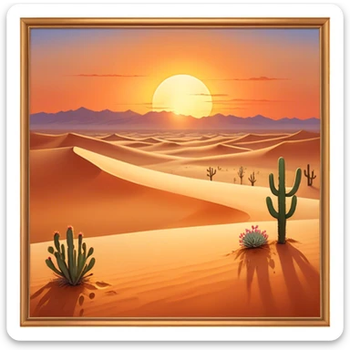 Cinematic Realistic Desert Emoji in a frame, Expansive and arid, with vast stretches of golden sand dunes and scattered cacti, the sun casting a warm, almost orange glow over the dry, cracked earth. The horizon blurs into a heat shimmer, while the occasional desert flower adds a splash of color to the barren landscape. Soft glowing outline, capturing the essence of the harsh yet stunning beauty of the desert, calm and quiet, filled with silence and mystery. sticker