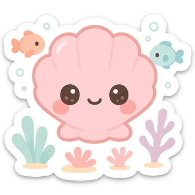 extremely cute underwater cartoon shells, big round head, huge sparkling eyes, small smiling mouth, pink shiny skin, rosy cheeks, soft pastel colors, plastic toy-like texture, chibi style, surrounded by colorful fish and coral, gentle lighting, 3D-rendered, high detail, kawaii aesthetic sticker