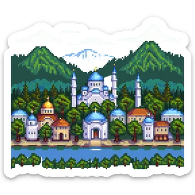 cityscape of Nalchik with iconic buildings and trees in pixel art style sticker