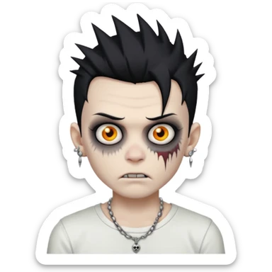 zombie boy with spiky emo black hair and white shirt , tattos, a risk on the eyebrow, earings,  a necklace emoji  sticker