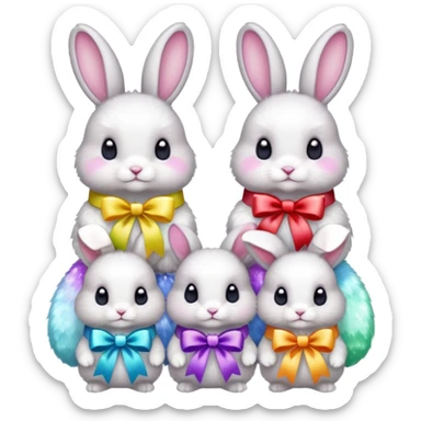 family of baby bunnies in line with ribbons holding crystals sticker