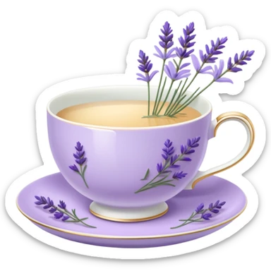 White teacup on a pastel purple plate, lavender flowers on the side sticker