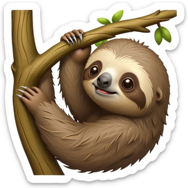 cinematic-sloth-realistic-full-body-hanging-emoji,-long-curved-claws-clinging-to-a-tree,-thick-shaggy-brown-fur-slightly-ruffled,-head-tilted-dramatically,-slow-blinking-eyes-filled-with-serene-wisdom,-simplified-yet-realistic-focused-features,-highly-detailed,-glowing-with-an-almost-sarcastic-glow sticker