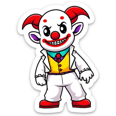 full-body demonic clown in a white leisure suit with bellbottom pants, bald, black ram horns, flashy belt, ruffled shirt, colorful tie, no elevator shoes sticker
