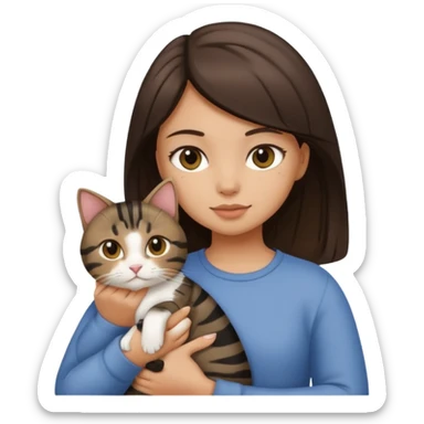 Brunette girl with light tan skin holding a fat black tabby cat sticker