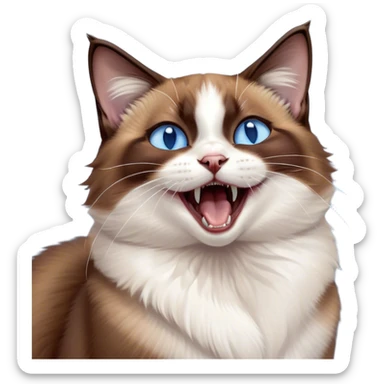 Cinematic Cute Yawning Brown Mantle Snowshoe Cat Portrait Emoji, Head tilted slightly with a dramatic, wide-open yawn, smooth brown fur draping elegantly over its back with contrasting white paws, chest, and facial markings, piercing icy-blue eyes that are barely open, Simplified yet irresistibly adorable features, highly detailed, glowing with a soft, cozy glow, high shine, relaxed yet expressive, stylized with a touch of whimsy, bright and endearing, soft glowing outline, capturing the essence of a sleepy yet affectionate kitty, so drowsy it feels like it could stretch right out of the screen and curl up for a nap! sticker