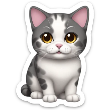 senior chubby diluted calico cat, white chin, pink and black nose, grey ears, grey and white sticker