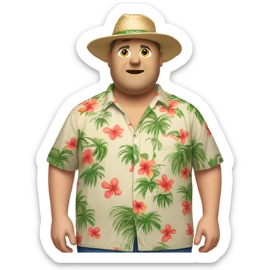 a middle aged obese white man with a hawaiian shirt, with a hawaiian hat, khaki shorts and flip flops   sticker