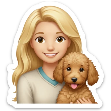 clean girl long blonde hair smiling holding tan goldendoodle sticker