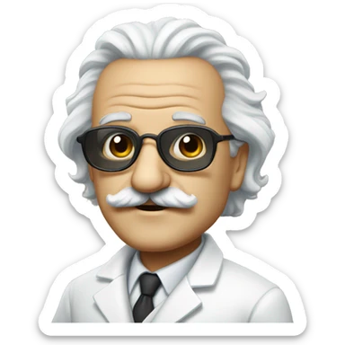 a scientist resembling Albert Einstein, bald, with hair on the sides of his head, a large mustache and round sunglasses. Wearing a white duster. sticker
