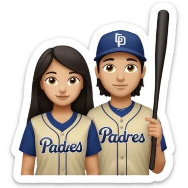 Couple in a game with dark hair but olive skin. They are girlfriend and boyfriend. Not sibling. Girl has long dark and dimples on the cheeks. The boy has dark hair but shortand prominent eyebrows with egipcian nose. Both are wearing “Los Padres” baseball jerseys and with a sign that says “Go Padres” sticker