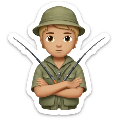 A boy with crossed arms, looking annoyed, dressed in fishing clothes. sticker