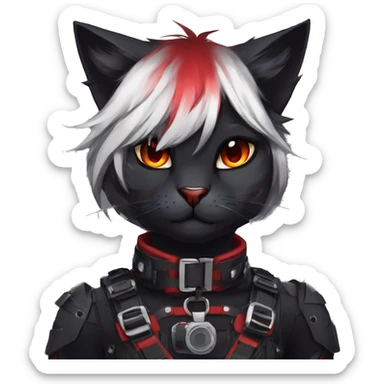 Anthro Edgy Cool Beautiful Black Cat-Fursona-Fakemon with Emo Hair-bangs with Red Streaks Chest Harness sticker