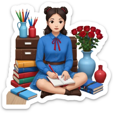 A woman with dark hair, straight and dark brown, styled in two buns, wears a blue long-sleeved shirt and a brown lace ruffled skirt. She holds a crayon in one hand. She sits on the floor with her legs crossed. The floor is covered with five stacks of colorful notebooks and a vase of red roses.  sticker