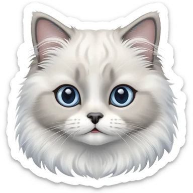 cinematic-adorable-big-eyed-fluffy-white and grey-ragdoll-cat-portrait-emoji,-head-tilted-playfully-with-a-sweet-expression,-fluffy-grey seal colour with white-fur,-simplified-yet-irresistibly-cute-features-with-large,-blue eyes expression, sticker
