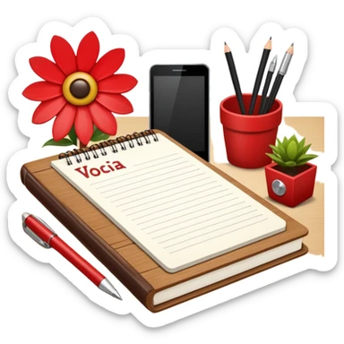 un letrero que diga VACACIONES y detrás un escritorio moderno, con una notebook, una agenda y una planta con una flor sticker
