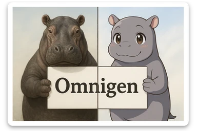two hippo holding sign of omnigen, half picture 1 hippo is realistic another half is the anime of that same second hippo, with before after mark sticker