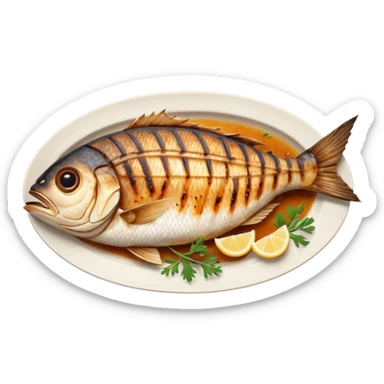 create a Whole good brownish Grilled Fish Camera angle: slightly elevated top-down view with a gentle bird’s-eye perspective (about 15–20°), identical perspective and scaled do not add anything on plate

 sticker