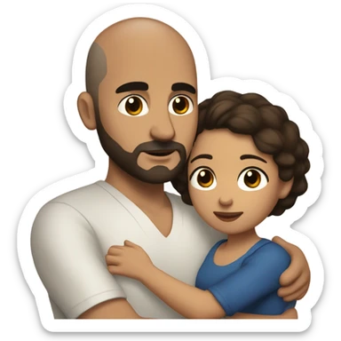 Comforting hug from brunette Puerto Rican with dark brown eyes to short, bald man with brown eyes and a beard sticker