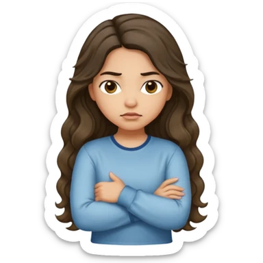 Hispanic light tan girl with long dark wavy hair with arms folded while pouting. Wearing a long sleeve. Hair with middle part. sticker