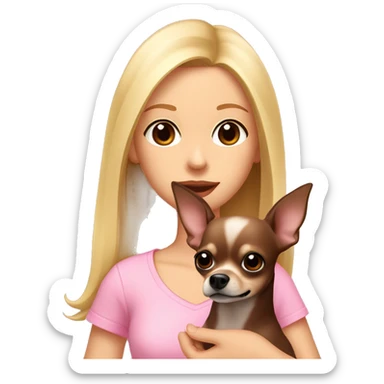 Waist-high angle A girl with straight blonde hair with pale pink lips and brown eyes in a pink T-shirt holds a dark brown chihuahua in her hands at her chest sticker