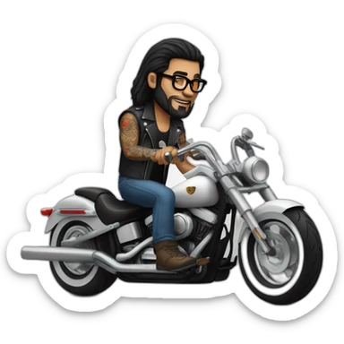 A man with tattoos, long hair and glasses riding a Harley motorcycle  sticker