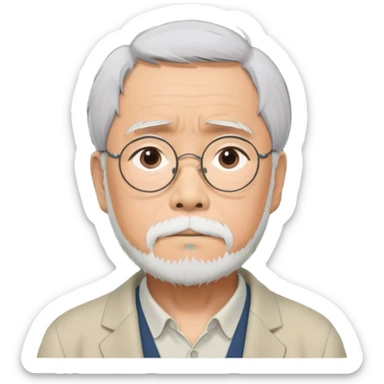 Hayao Miyazaki (filmmaker) – Cinematic Realistic Portrait of Hayao Miyazaki, portrayed with gentle, wise eyes and a thoughtful expression, set against a backdrop of whimsical sketches and animated landscapes reminiscent of Studio Ghibli, rendered with soft natural lighting and rich, detailed textures that evoke creative magic. sticker