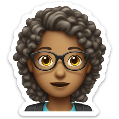 girl with long curly hair, wearing glasses, in a wheelchair sticker