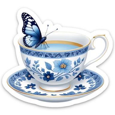 A delicate butterfly with navy wings, resting on the edge of a perl porcelain teacup adorned with intricate pastel blue floral patterns. sticker