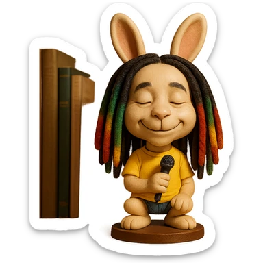 a bobblehead style bunny with Bob Marley's dreadlocks, reggae colors, peaceful smile, holding a microphone sticker