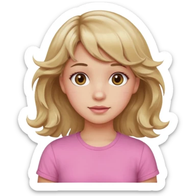 girl with wavy dirty blonde hair and wavy bangs, hazel eyes, white skin, pink cute shirt sticker