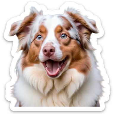 Cinematic Cute Yawning Predominantly White Red Merle Australian Shepherd Portrait Emoji, Head tilted slightly with a dramatic, wide-open yawn, predominantly white fur with hints of red merle, floppy ears slightly drooping, round blue eyes barely open in drowsy contentment, Simplified yet irresistibly adorable features, highly detailed, glowing with a soft, cozy glow, high shine, relaxed yet expressive, stylized with a touch of whimsy, bright and endearing, soft glowing outline, capturing the essence of a sleepy yet affectionate pup, so drowsy it feels like it could stretch right out of the screen and curl up for a nap! sticker