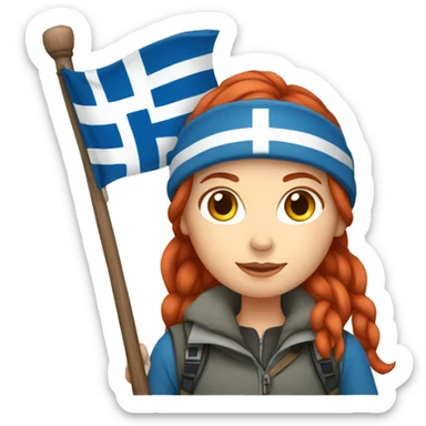 female winter mountaineer red hair holding greek flag sticker